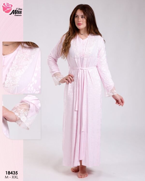 Rose Miss Ensemble robe de nuit longue et peignoir 2 pièces – Réf 18435 – Rose