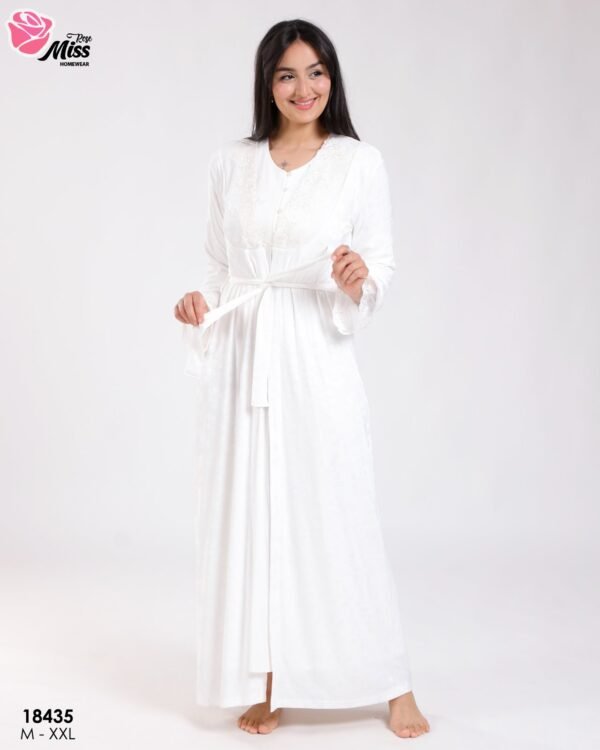 Rose Miss Ensemble robe de nuit longue et peignoir 2 pièces – Réf 18435 – Blanc