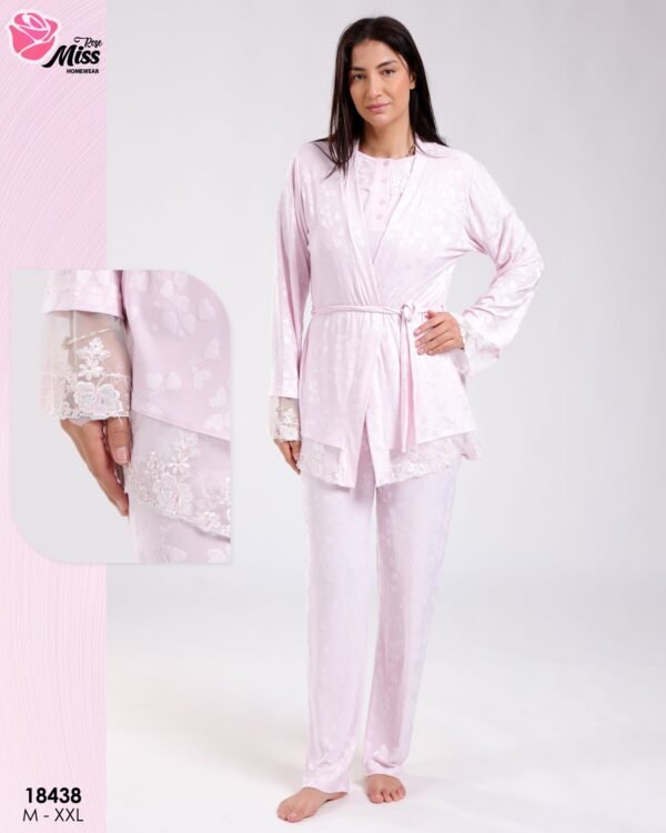 Rose Miss Ensemble pyjama et peignoir jacquard 3 pièces – Réf 18438 – Rose pâle