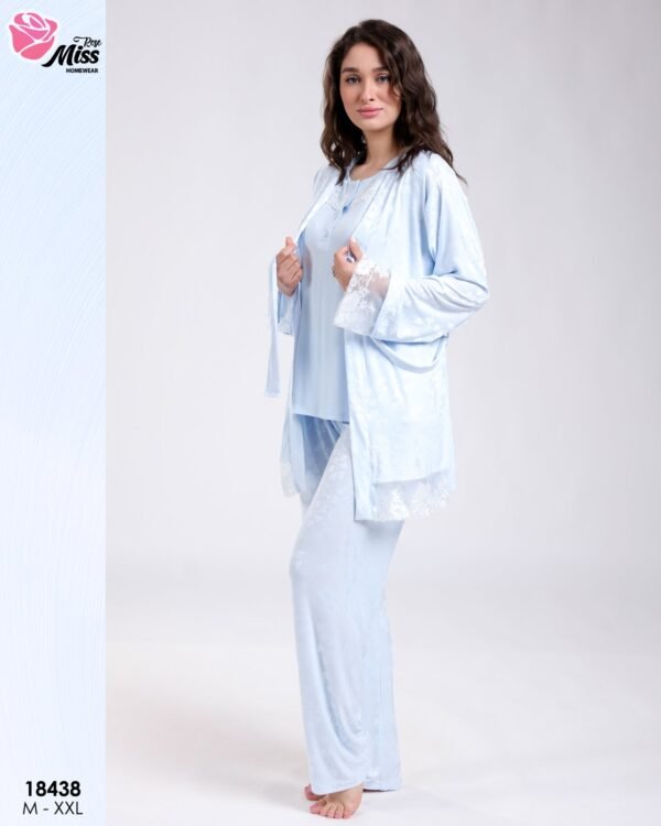 Rose Miss Ensemble pyjama et peignoir jacquard 3 pièces – Réf 18438 – Bleu ciel