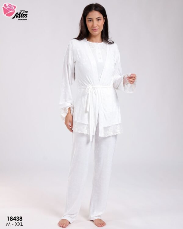 Rose Miss Ensemble pyjama et peignoir jacquard 3 pièces – Réf 18438 – Blanc