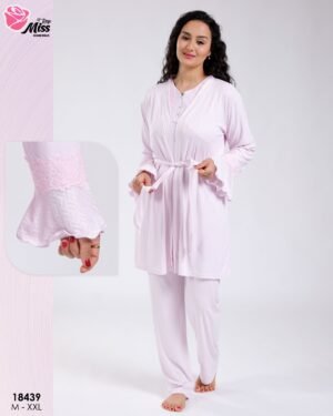 Rose Miss Ensemble pyjama et peignoir 3 pièces – Réf 18439 – Rose clair