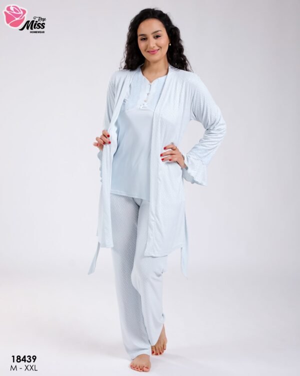Rose Miss Ensemble pyjama et peignoir 3 pièces – Réf 18439 – Bleu ciel