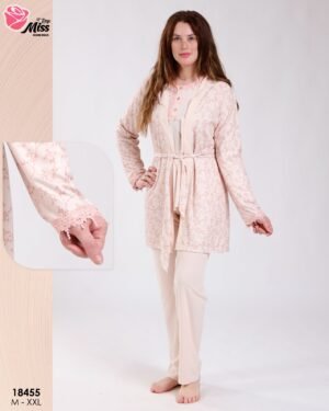 Rose Miss Ensemble pyjama et peignoir fleuri 3 pièces – Réf 18455 – Beige rosé