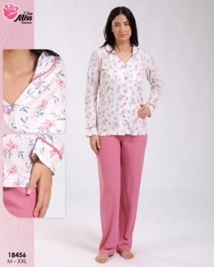 Rose Miss Pyjama chemise fleuri pantalon côtelé – Réf 18456 – Écru et vieux rose