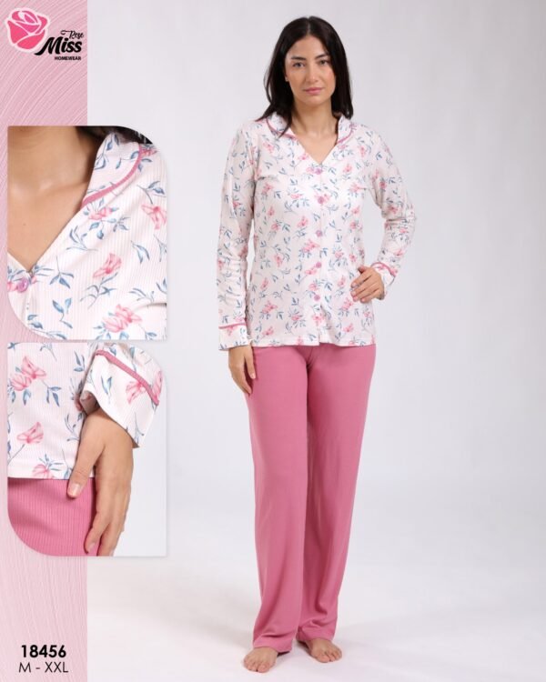 Rose Miss Pyjama chemise fleuri pantalon côtelé – Réf 18456 – Écru et vieux rose