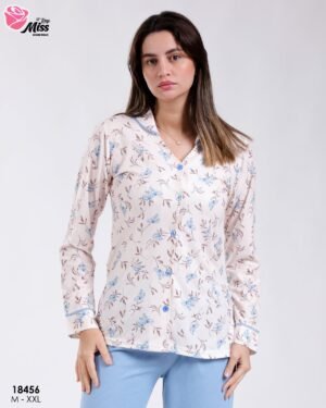 Rose Miss Pyjama chemise fleuri pantalon côtelé – Réf 18456 – Écru et bleu