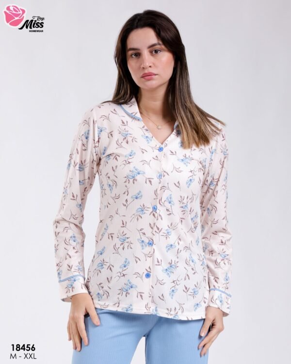 Rose Miss Pyjama chemise fleuri pantalon côtelé – Réf 18456 – Écru et bleu