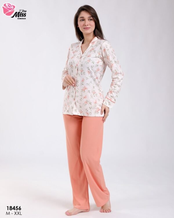 Rose Miss Pyjama chemise fleuri pantalon côtelé – Réf 18456 – Écru et corail