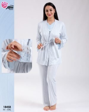 Rose Miss Ensemble pyjama et peignoir dentelle 3 pièces – Réf 18458 – Bleu ciel