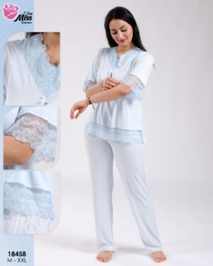 Rose Miss Ensemble pyjama et peignoir dentelle 3 pièces – Réf 18458 – Bleu clair