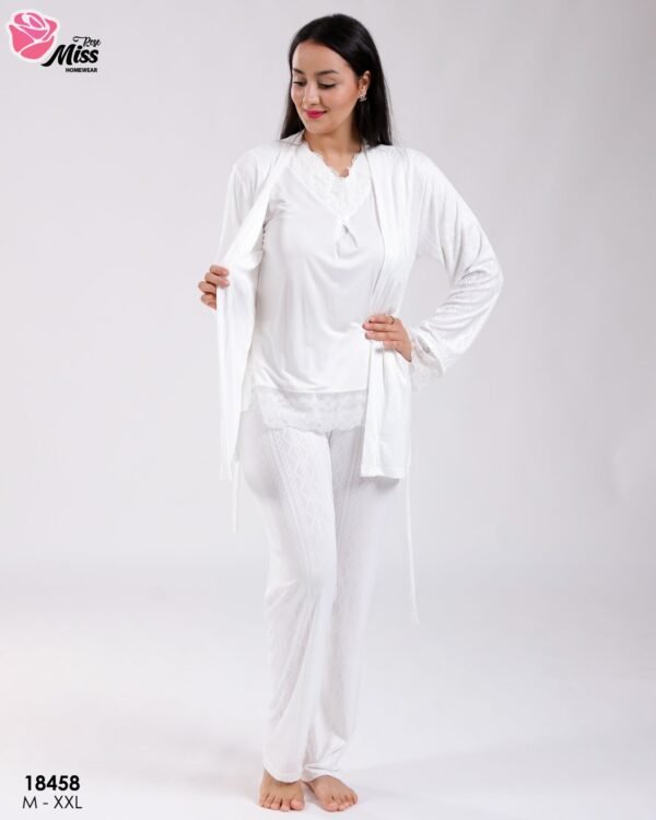 Rose Miss Ensemble pyjama et peignoir dentelle 3 pièces – Réf 18458 – Blanc