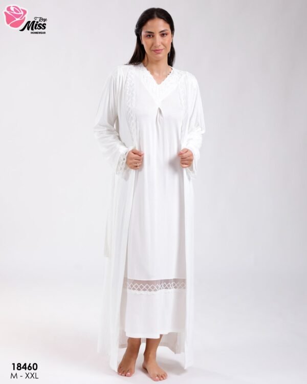 Rose Miss Ensemble robe de nuit longue et peignoir 2 pièces – Réf 18460 – Blanc