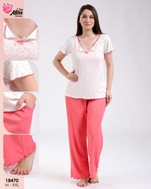 Rose Miss Ensemble pyjama t-shirt imprimé et pantalon – Réf 18470 – Corail