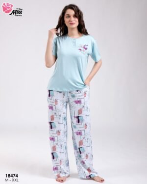 Rose Miss Pyjama manches courtes pantalon imprimé – Réf 18474 – Vert d'eau