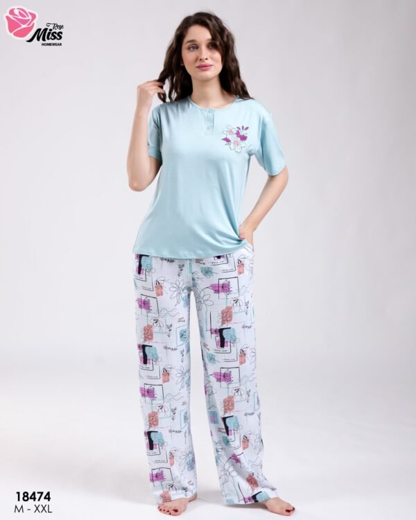 Rose Miss Pyjama manches courtes pantalon imprimé – Réf 18474 – Vert d'eau