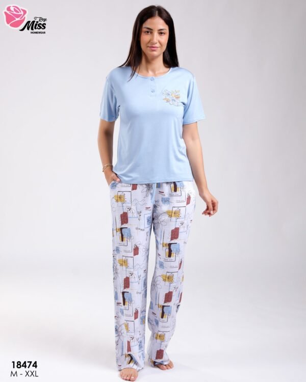 Rose Miss Pyjama manches courtes pantalon imprimé – Réf 18474 – Bleu ciel