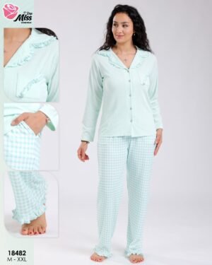 Rose Miss Pyjama chemise pantalon vichy – Réf 18482 – Vert d'eau