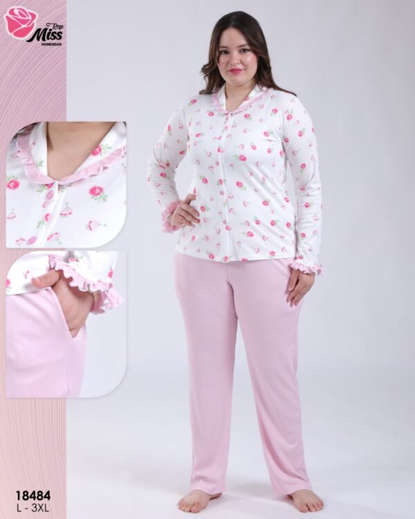 Rose Miss Pyjama chemise fleuri volants – Réf 18484 – Écru et rose