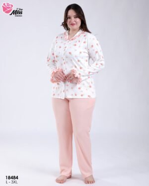 Rose Miss Pyjama chemise fleuri volants – Réf 18484 – Écru et pêche