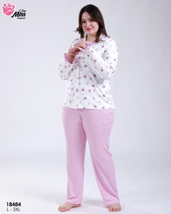 Rose Miss Pyjama chemise fleuri volants – Réf 18484 – Écru et lilas