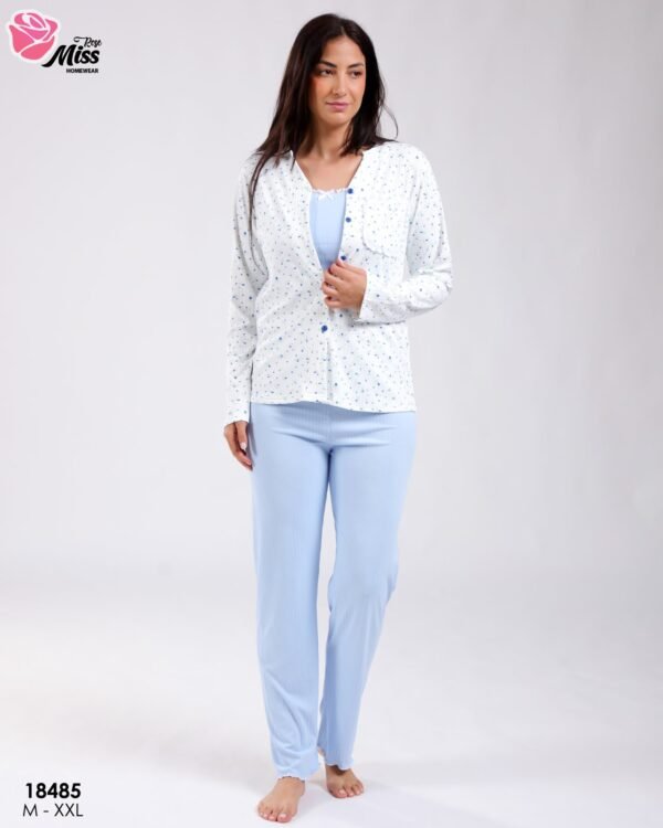 Rose Miss Ensemble pyjama fleuri gilet et débardeur 3 pièces – Réf 18485 – Bleu ciel
