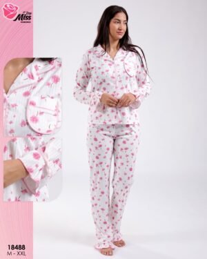 Rose Miss Pyjama chemise fleuri – Réf 18488 – Blanc et rose