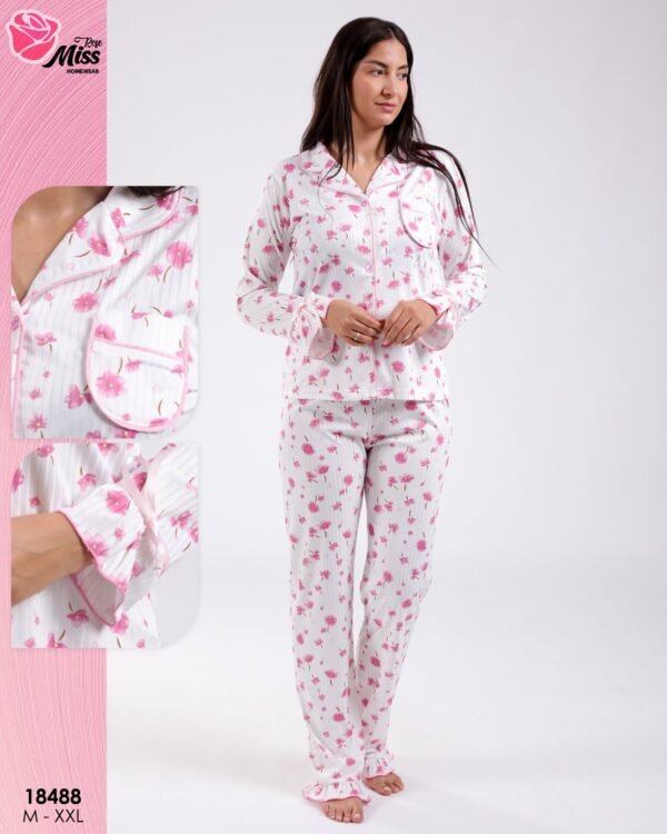 Rose Miss Pyjama chemise fleuri – Réf 18488 – Blanc et rose