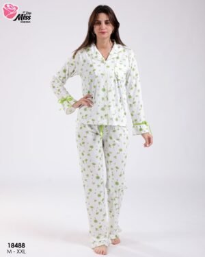 Rose Miss Pyjama chemise fleuri – Réf 18488 – Blanc et vert