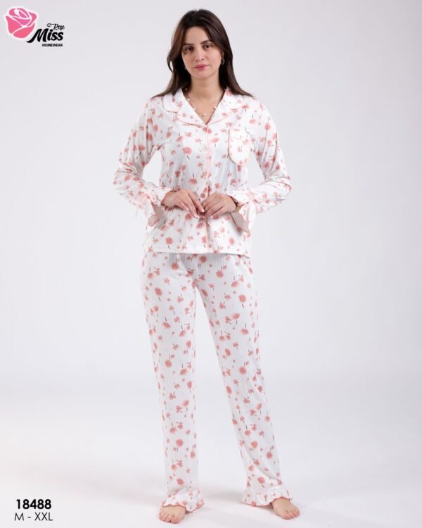 Rose Miss Pyjama chemise fleuri – Réf 18488 – Blanc et corail