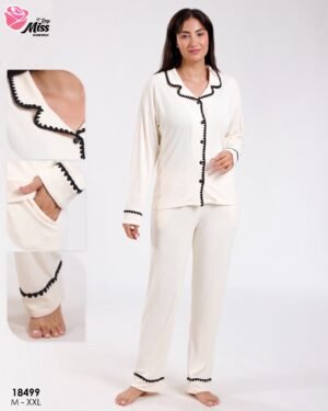 Rose Miss Pyjama chemise côtelé galon – Réf 18499 – Écru
