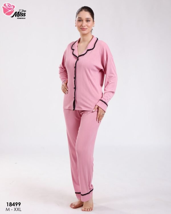 Rose Miss Pyjama chemise côtelé galon – Réf 18499 – Vieux rose
