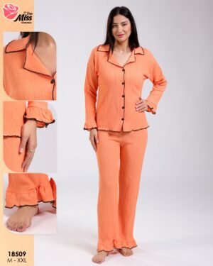 Rose Miss Pyjama chemise gaufré volants – Réf 18509 – Orange