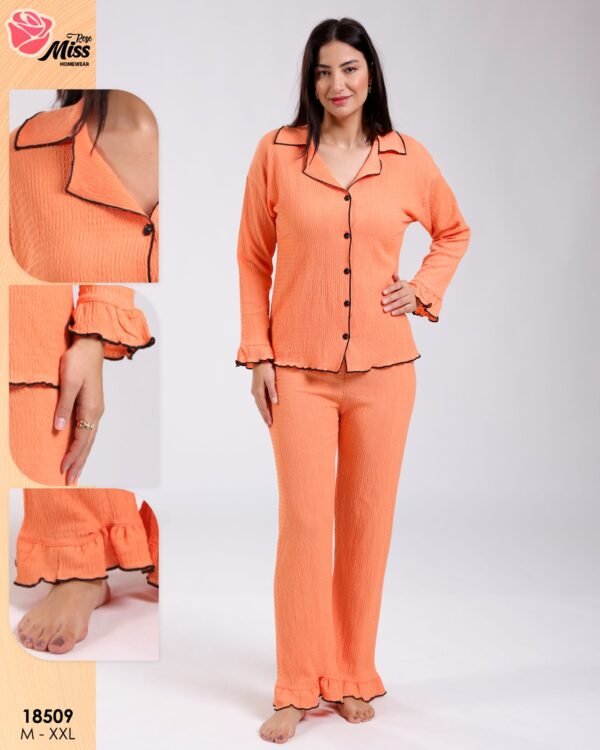 Rose Miss Pyjama chemise gaufré volants – Réf 18509 – Orange