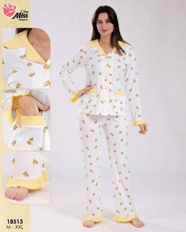 Rose Miss Pyjama chemise fleuri volants – Réf 18513 – Blanc et jaune