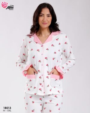 Rose Miss Pyjama chemise fleuri volants – Réf 18513 – Blanc et rose