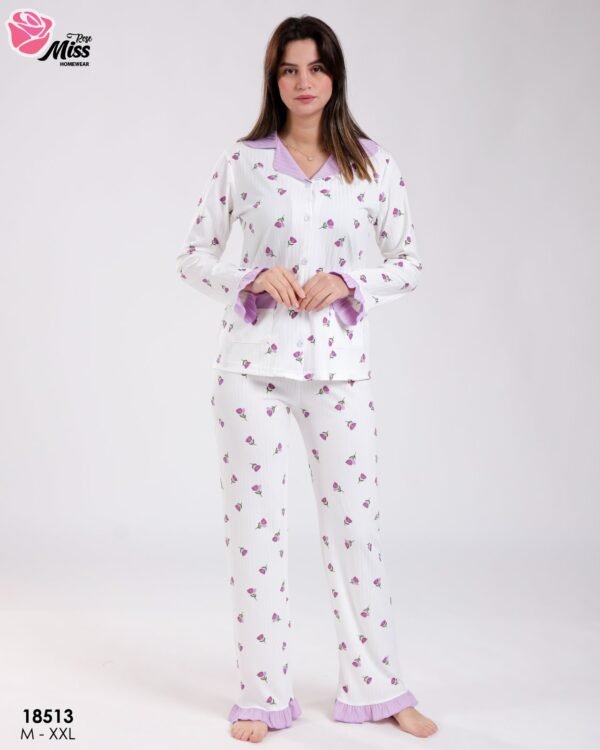 Rose Miss Pyjama chemise fleuri volants – Réf 18513 – Blanc et lilas