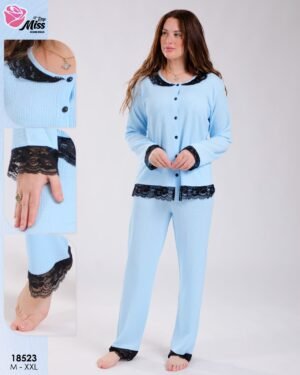 Rose Miss Pyjama boutonné dentelle noire – Réf 18523 – Bleu ciel