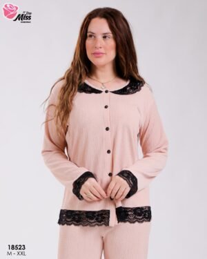 Rose Miss Pyjama boutonné dentelle noire – Réf 18523 – Beige rosé