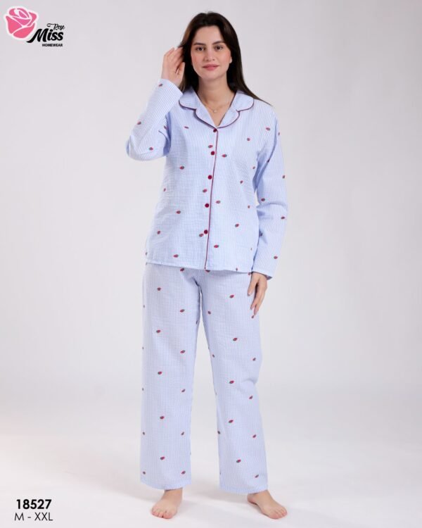 Rose Miss Pyjama chemise rayé fraises – Réf 18527 – Bleu lavande