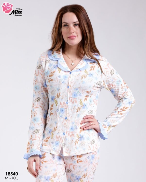 Rose Miss Pyjama chemise fleuri gaufré – Réf 18540 – Blanc et bleu