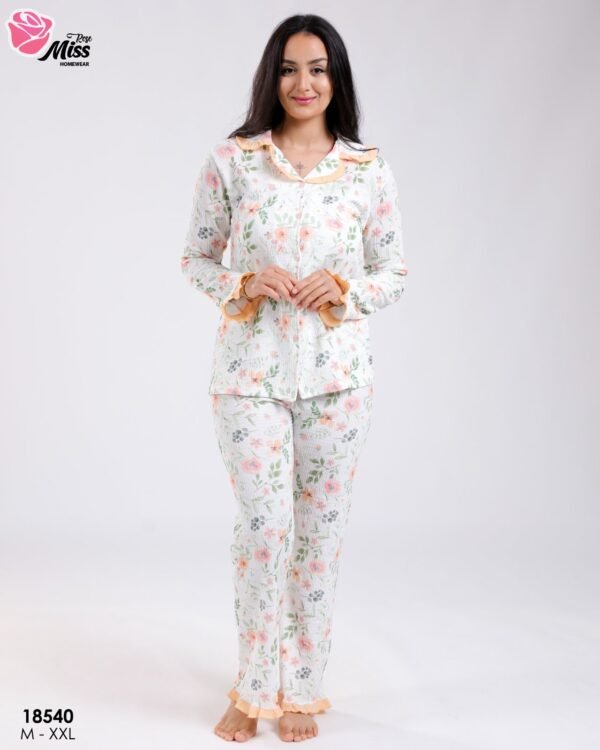 Rose Miss Pyjama chemise fleuri gaufré – Réf 18540 – Blanc et orange