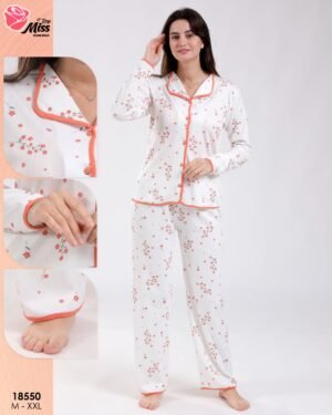 Rose Miss Pyjama chemise fleuri passepoil – Réf 18550 – Blanc et corail