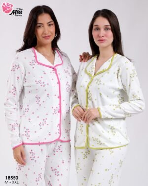 Rose Miss Pyjama chemise fleuri passepoil – Réf 18550 – Blanc et rose