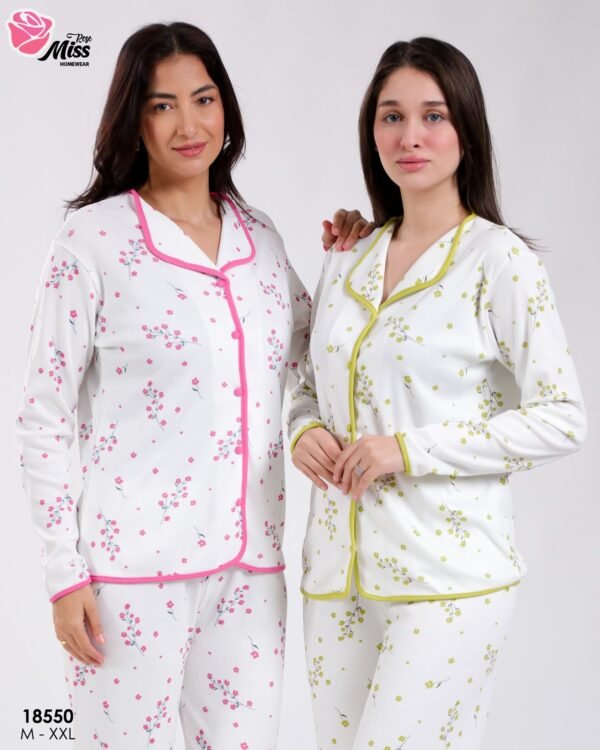 Rose Miss Pyjama chemise fleuri passepoil – Réf 18550 – Blanc et rose