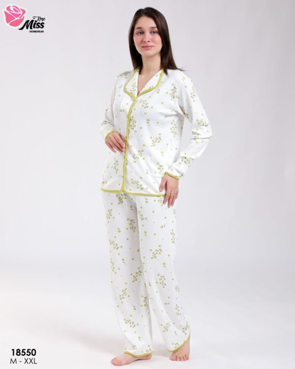 Rose Miss Pyjama chemise fleuri passepoil – Réf 18550 – Blanc et vert anis