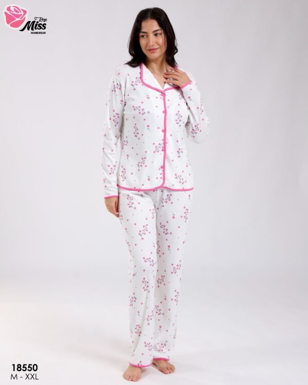 Rose Miss Pyjama chemise fleuri passepoil – Réf 18550 – Blanc et fuchsia
