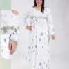 Rose Miss Chemise de nuit longue imprimé feuilles dentelle – Réf 18562 – Blanc et vert
