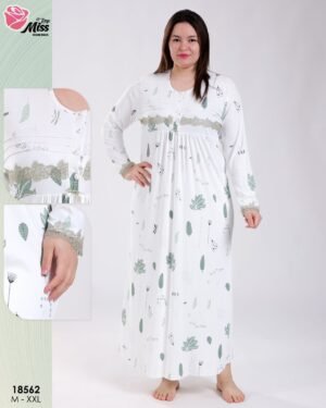 Rose Miss Chemise de nuit longue imprimé feuilles dentelle – Réf 18562 – Blanc et vert
