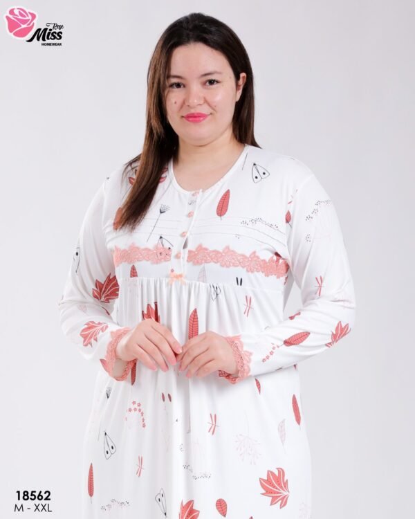 Rose Miss Chemise de nuit longue imprimé feuilles dentelle – Réf 18562 – Blanc et corail